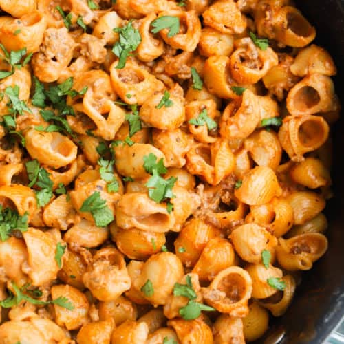 Creamy Ground Beef and Shells in a pan