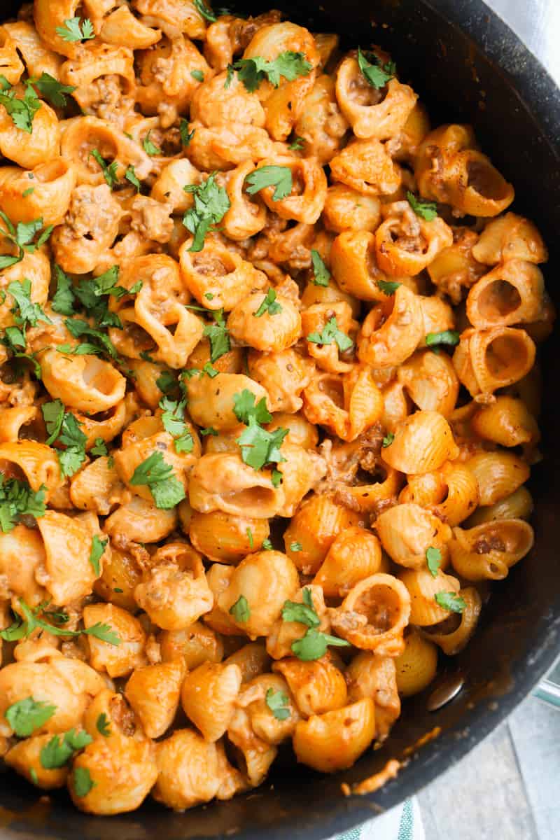 Creamy Ground Beef and Shells in a pan