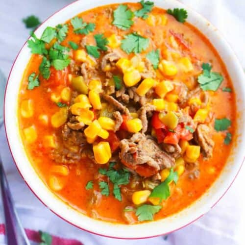 Beef Nacho Soup in a bowl topped with cilantro