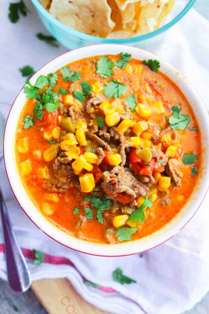 Beef Nacho Soup in a bowl topped with cilantro