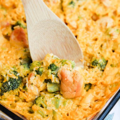 Cheesy Broccoli Chicken and Rice Casserole on a casserole dish