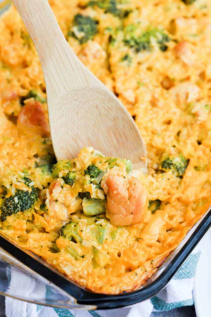 Cheesy Broccoli Chicken and Rice Casserole on a casserole dish