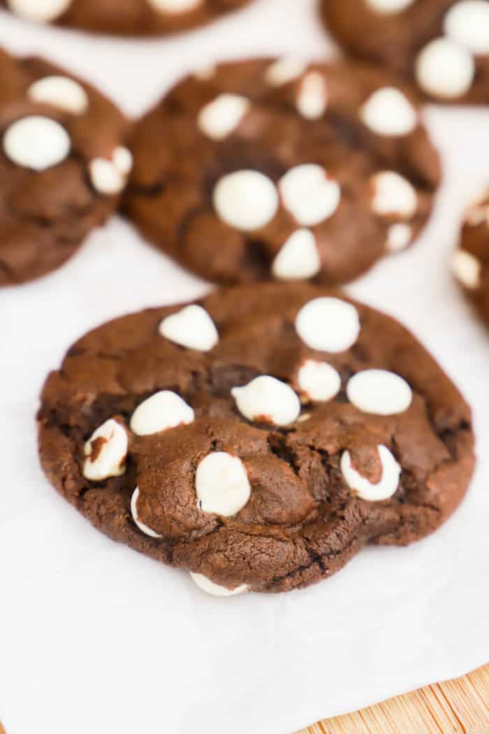 Chocolate White Chocolate Chip Cookies on parchment paper