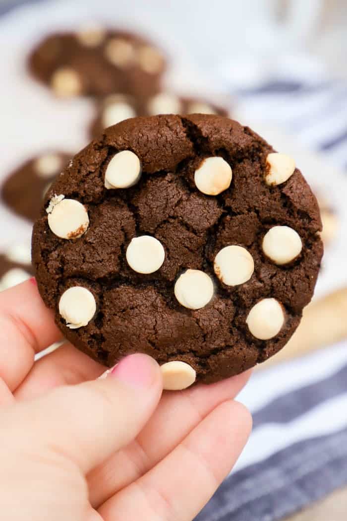 Chocolate White Chocolate Chip Cookies in a hand