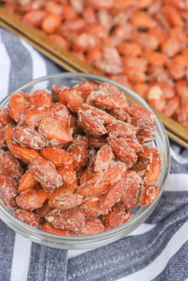 Cinnamon Roasted Almonds in a clear bowl