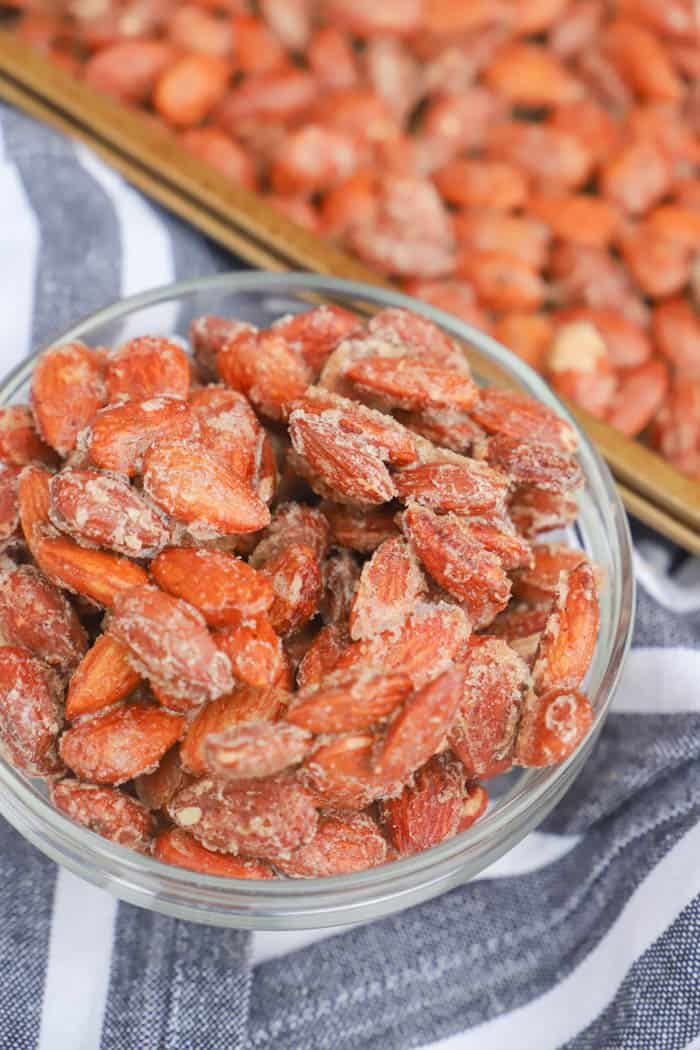 Cinnamon Roasted Almonds in a clear bowl