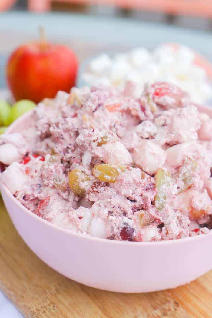 Cranberry Fluff in a pink bowl