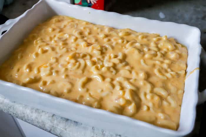 Creamy Mac and Cheese Casserole in a casserole dish before toppings