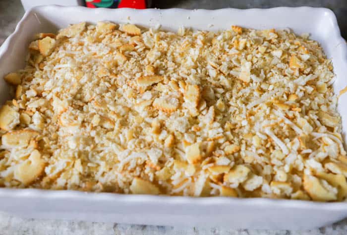 Creamy Mac and Cheese Casserole topped with ritz crackers