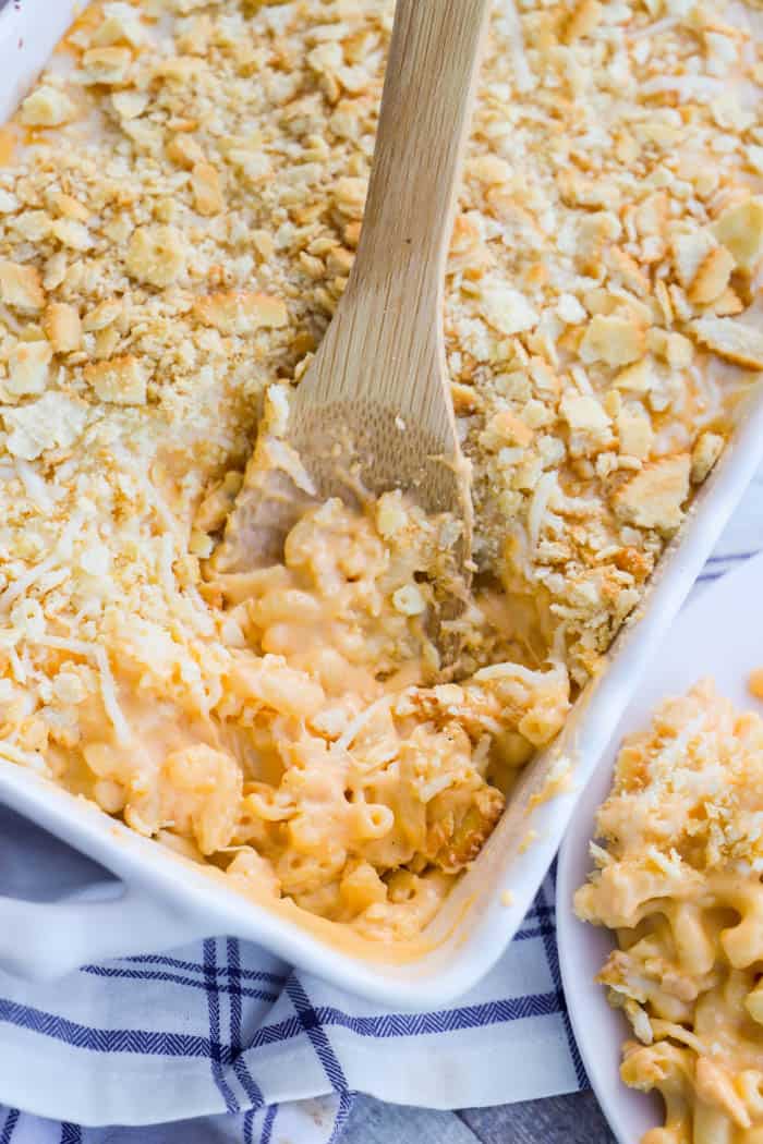 Creamy Mac and Cheese Casserole in a white casserole dish