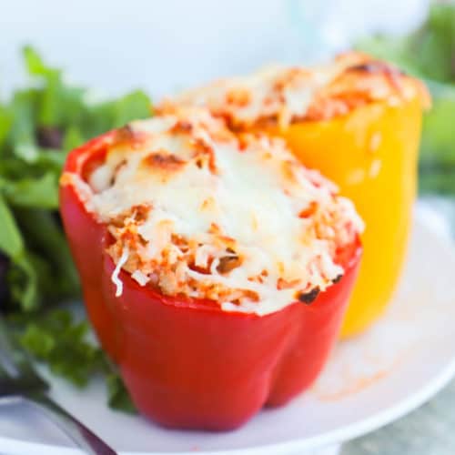 Ground Turkey and Rice Stuffed Peppers on a white plate