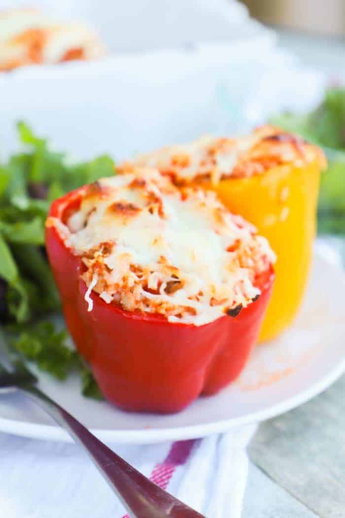 Ground Turkey and Rice Stuffed Peppers on a white plate