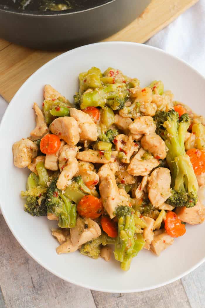 Honey Garlic Chicken and Veggie Skillet in a white bowl