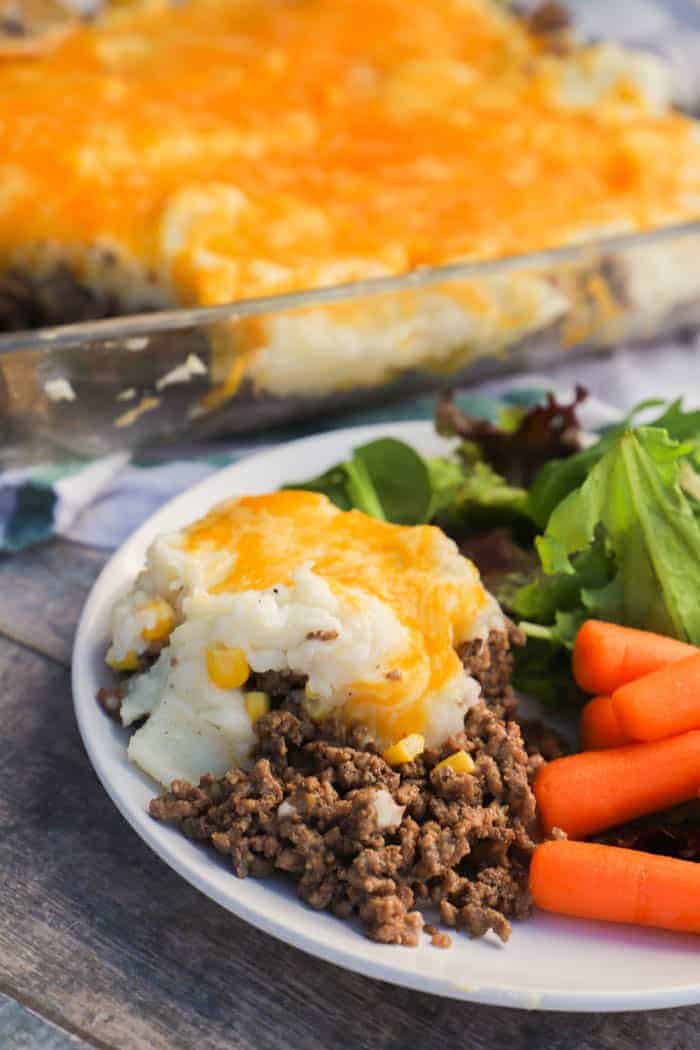 Shepherd's Pie on a plate with salad