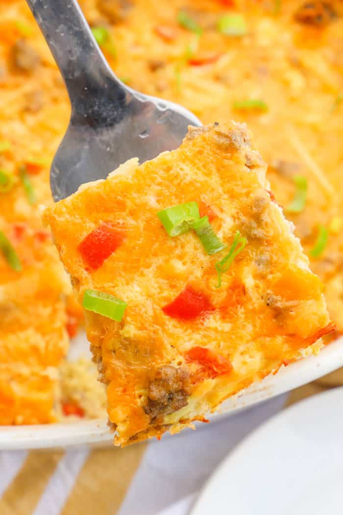 Make Ahead Breakfast Casserole on a spatula