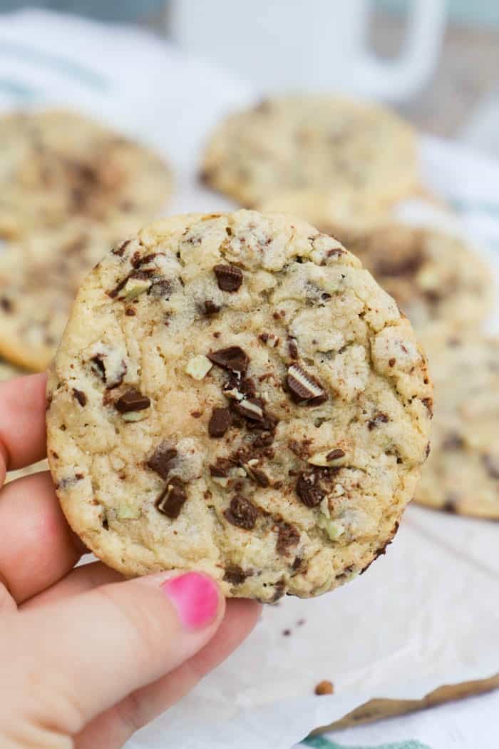 holding a Mint Chocolate Chip Andes Cookie 