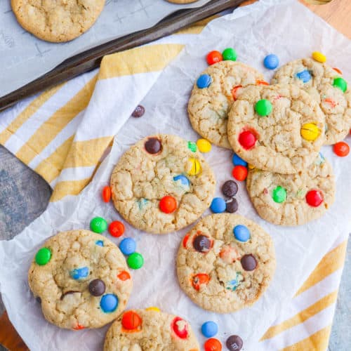 Oatmeal M&M Cookie on a cutting board