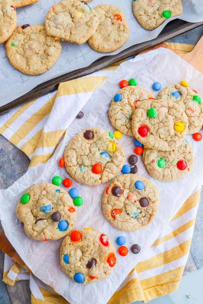 Oatmeal M&M Cookie on a cutting board on top of a towel