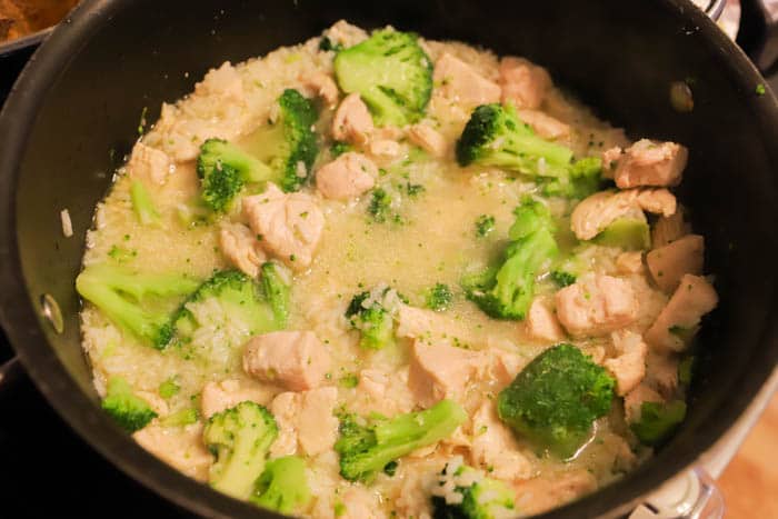 chicken and broccoli in the pot