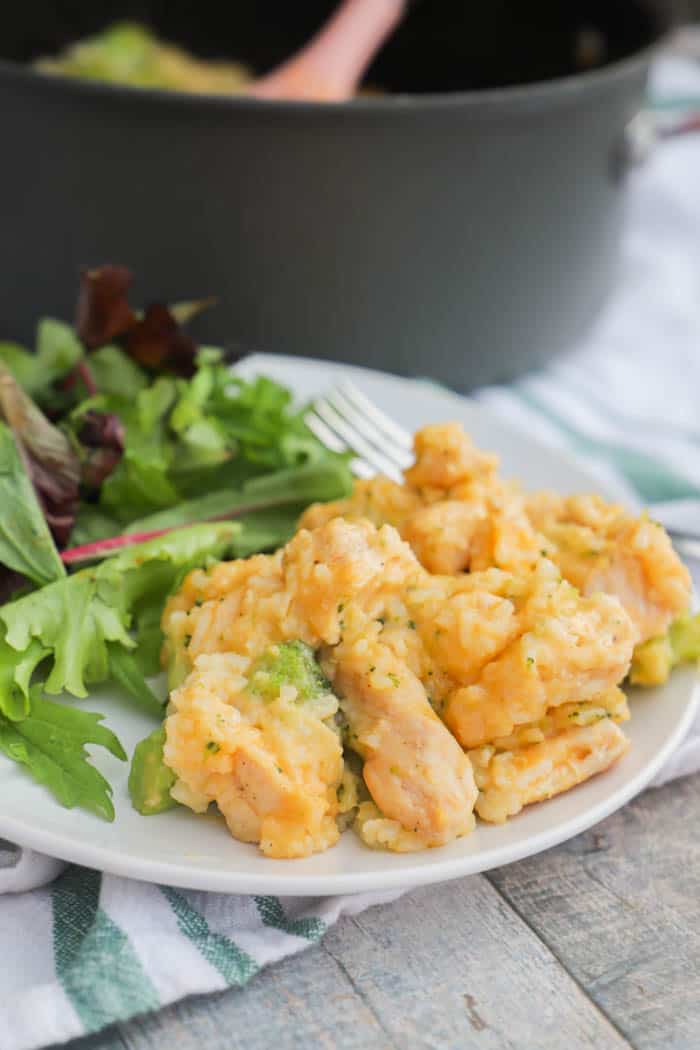 One Pot Cheesy Chicken and Rice on a white plate