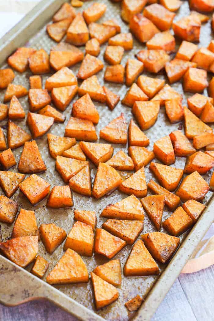 Roasted Butternut Squash on a baking sheet.