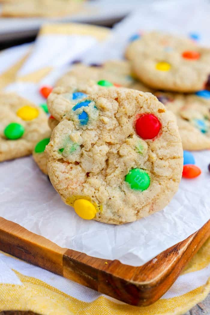 Oatmeal M&M Cookie close up stacked and one leaning forward