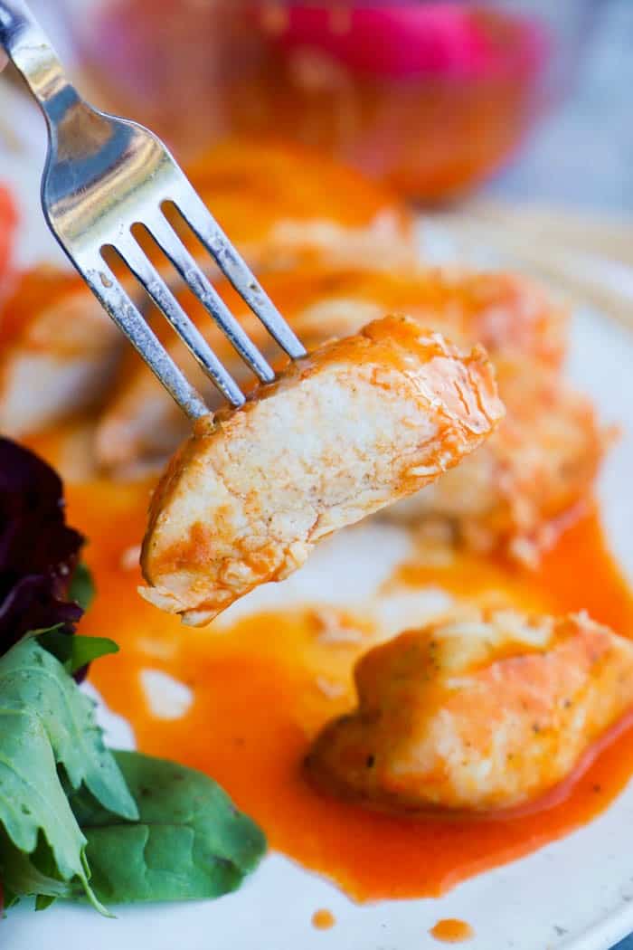 Baked Buffalo Chicken on a fork