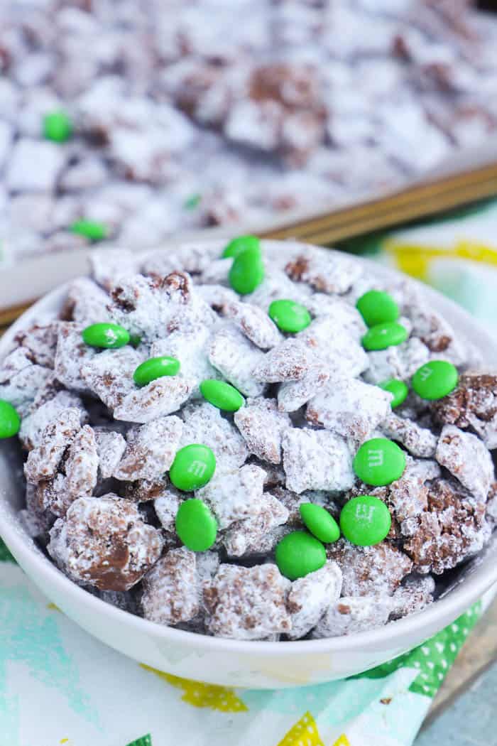 Mint Chocolate Puppy Chow in a white bowl