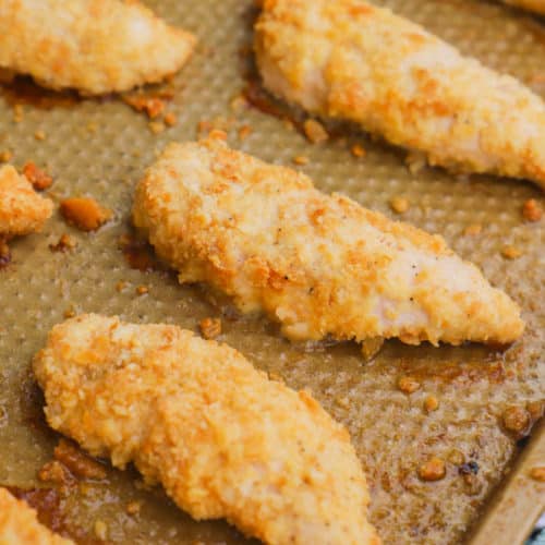 Ritz Chicken Tenders on a baking sheet