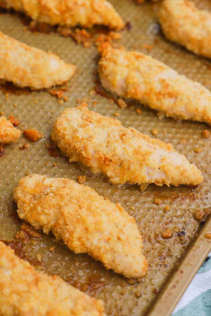 Ritz Chicken Tenders on a baking sheet