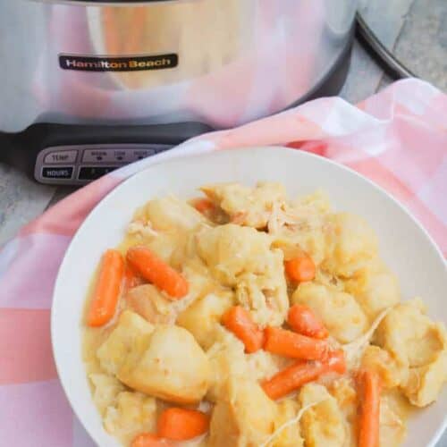 Slow Cooker Chicken and Dumplings in a white bowl