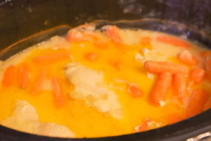 adding soup to the slow cooker