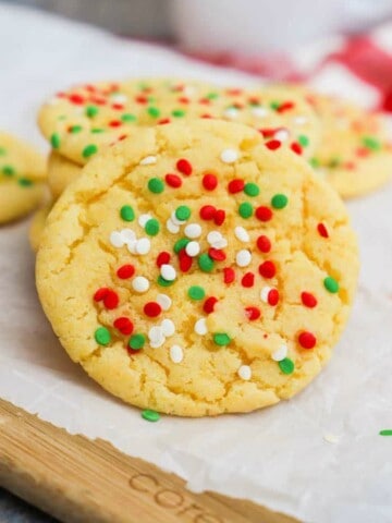 spinkle cookie on a wooden cutting board