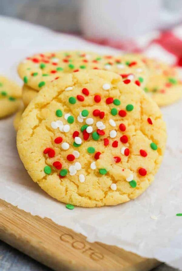 spinkle cookie on a wooden cutting board