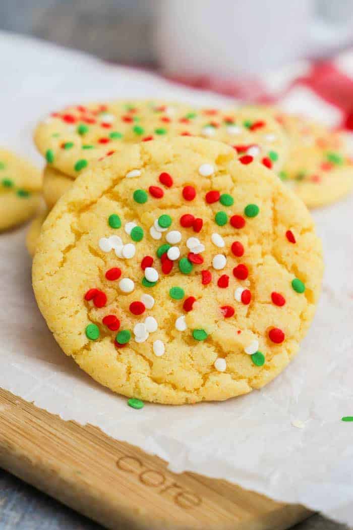 Yellow Cake Batter Christmas Cookies on a cutting board