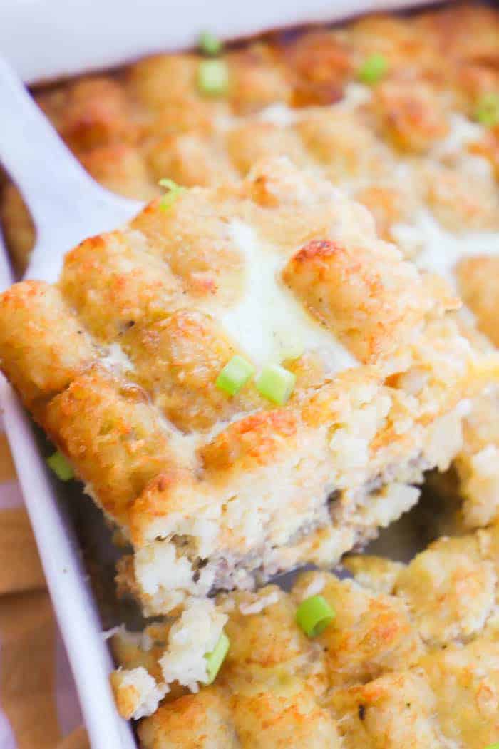 Tater Tot Breakfast Casserole served on a spatula