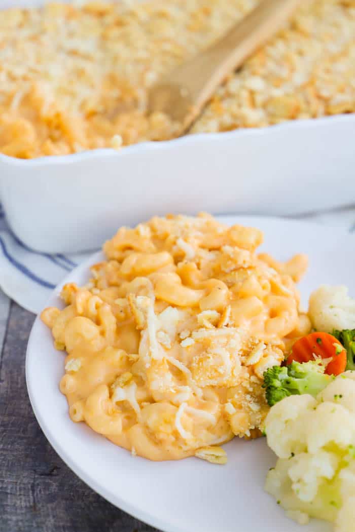 Creamy Mac and Cheese Casserole dinner on a whit plate