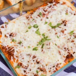 Lasagna Dip in a clear casserole dish