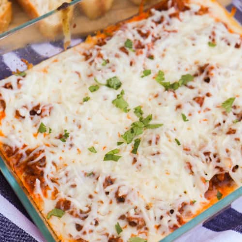 Lasagna Dip in a clear casserole dish