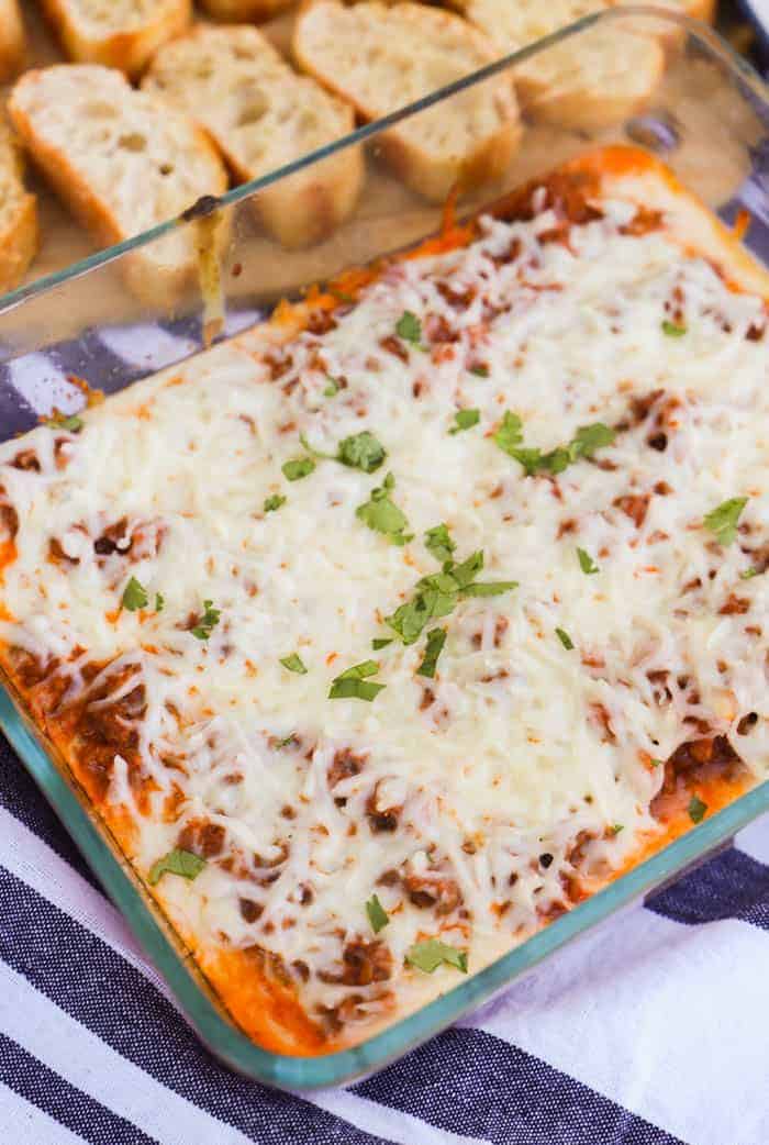 Lasagna Dip in a clear casserole dish