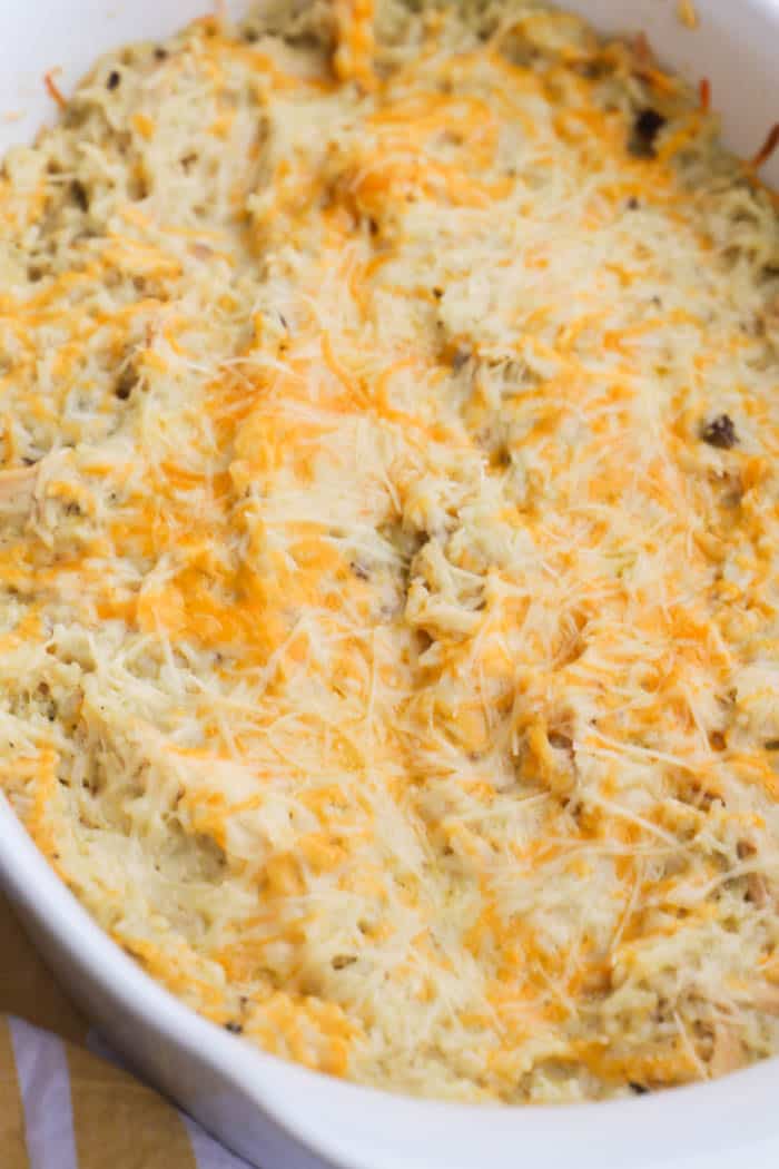 Lemon Pepper Chicken Casserole recipe in a white casserole