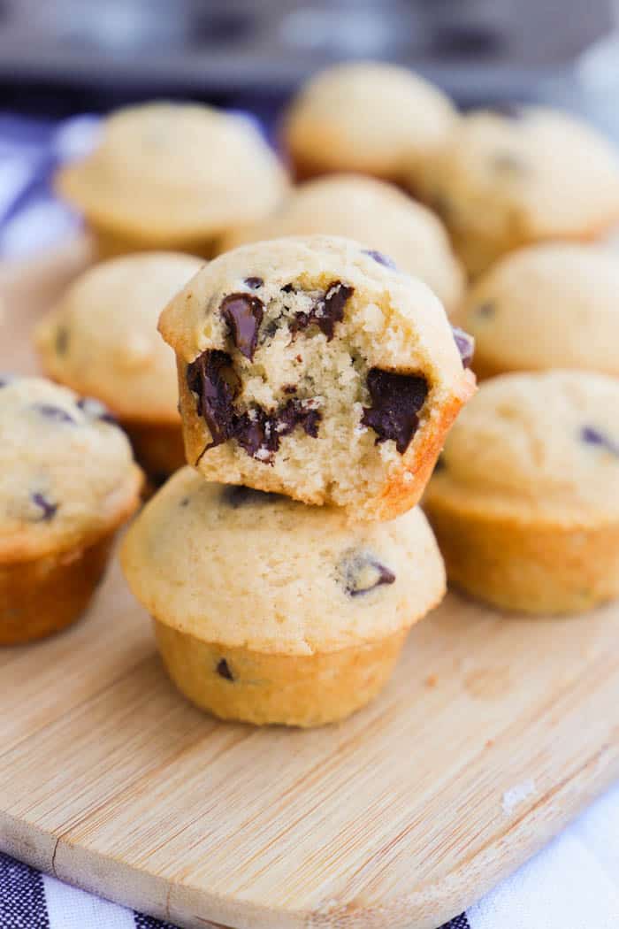 Mini Chocolate Chip Muffins stacked on top 
