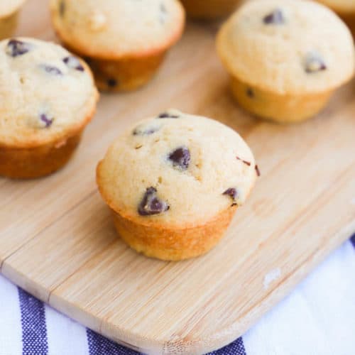 Mini Chocolate Chip Muffins on a wooden board