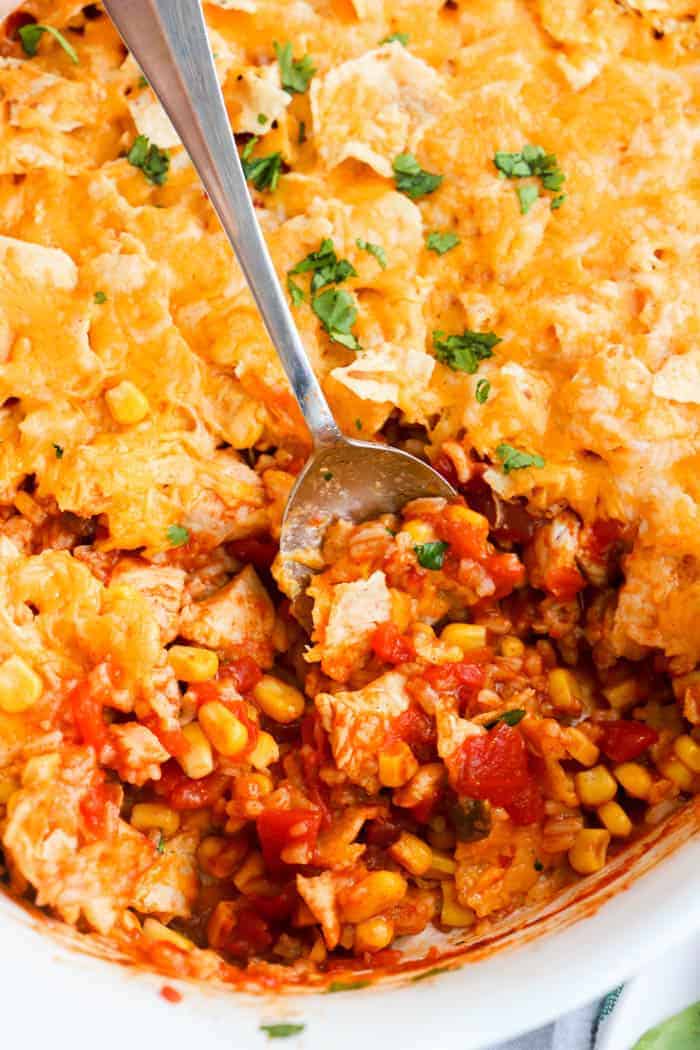 Chicken Taco Casserole with a spoon