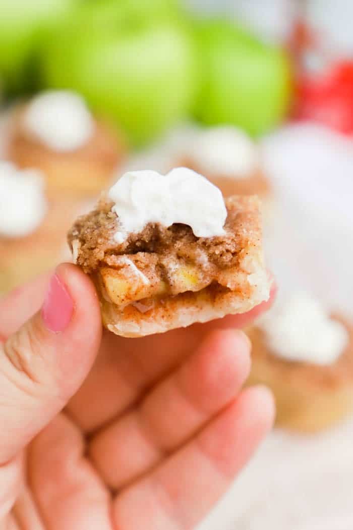 Mini Muffin Tin Apple Pies in a hand closeup