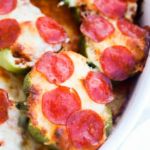Pizza Stuffed Peppers in a casserole dish