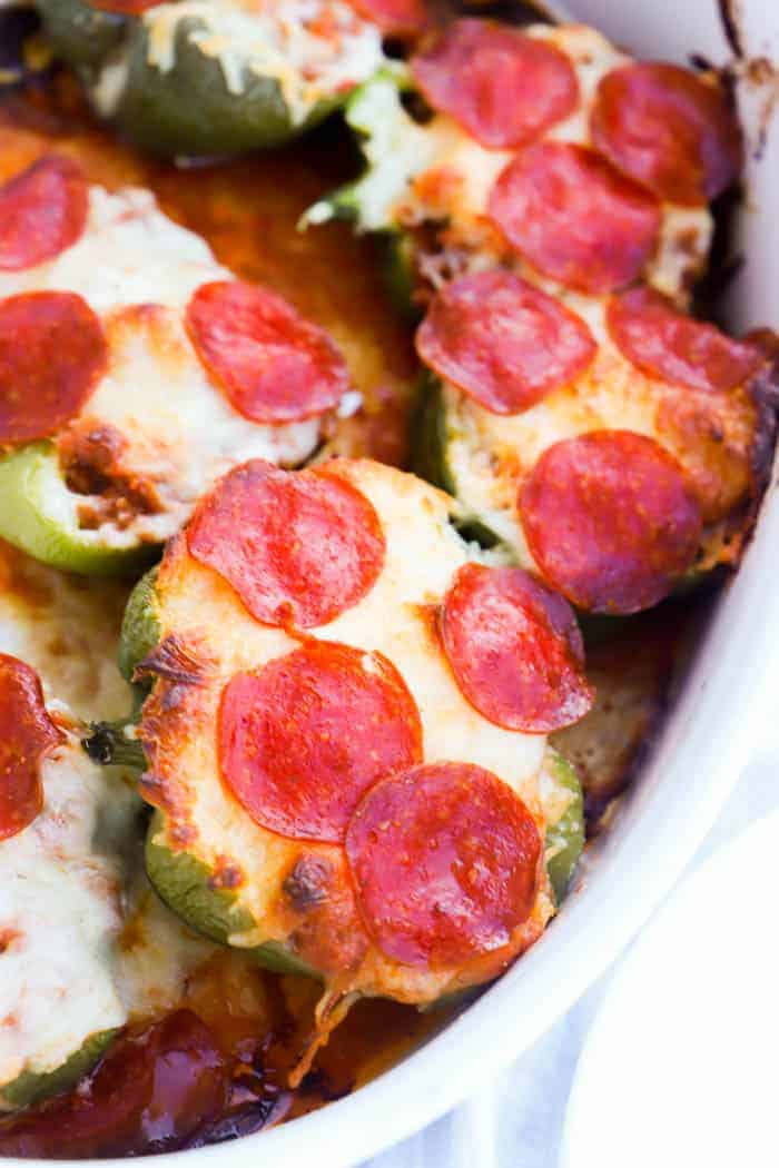 Pizza Stuffed Peppers in a casserole dish