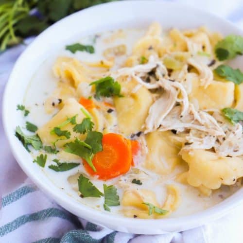Slow Cooker Creamy Chicken Tortellini Soup in a bowl
