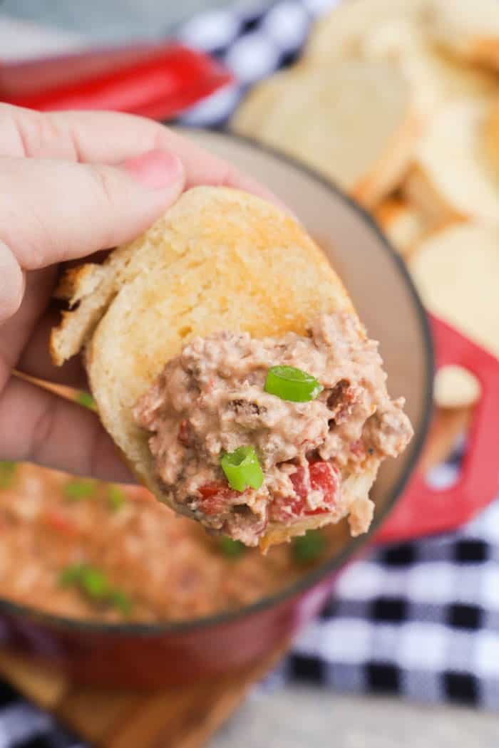 Bacon Cheeseburger Dip on a garlic bread dipper