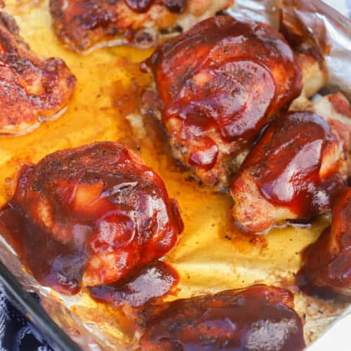 Baked BBQ Chicken Thighs in the casserole dish